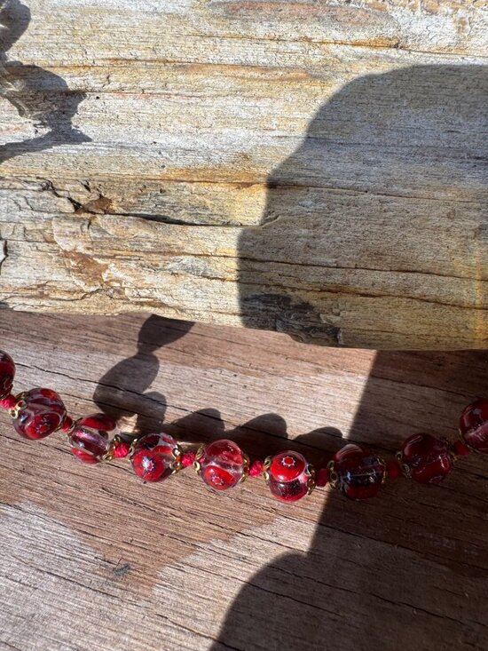Vintage Venetian Millefiori Red Art Glass Bead Necklace 18” 10mm Barrel Clasp - Picture 2 of 6